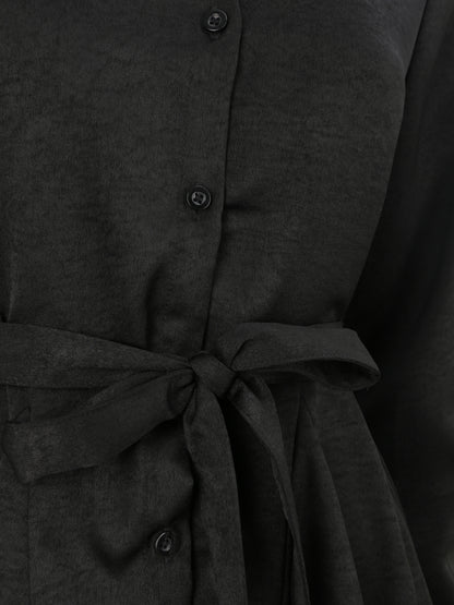 Robe chemise satinée à bords volantés - Noir - 3