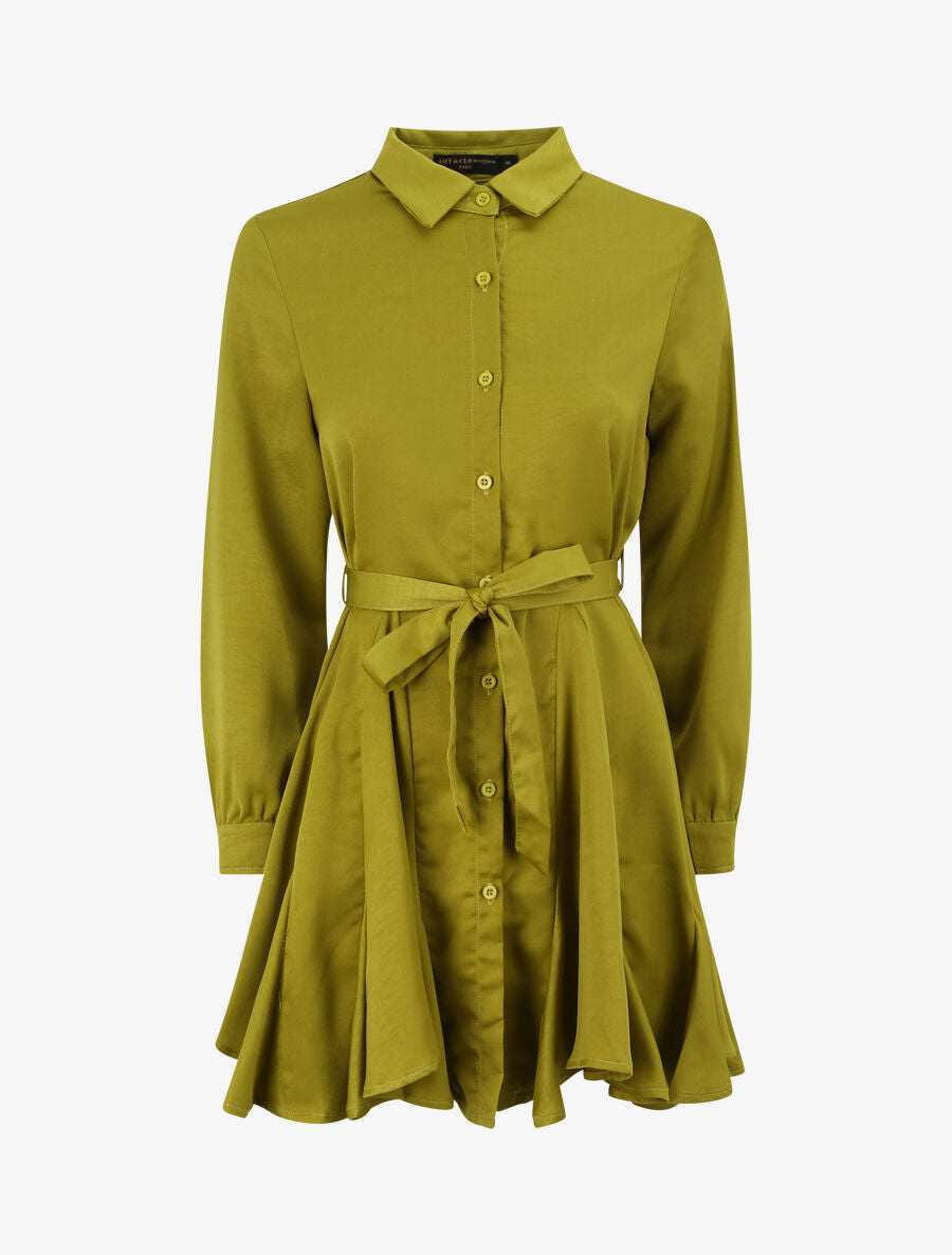 Robe chemise satinée à bords volantés - Vert anis - 1
