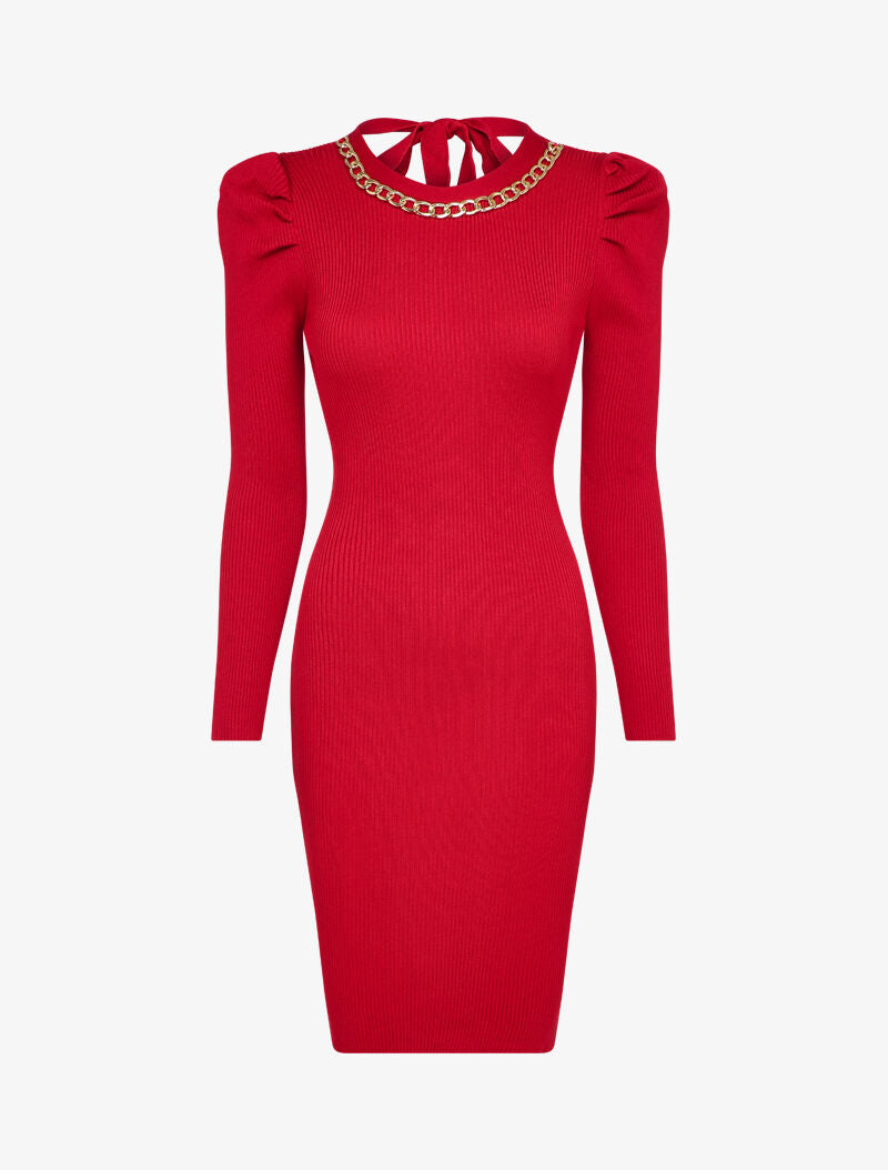 Robe pull côtelée et moulante à détail chaîne - Rouge - 1