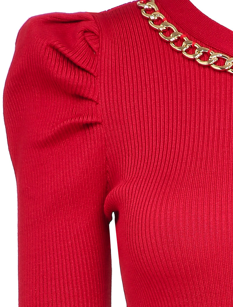 Robe pull côtelée et moulante à détail chaîne - Rouge - 3