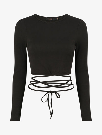 Crop top côtelé à manches longues et liens à nouer - Noir - 4