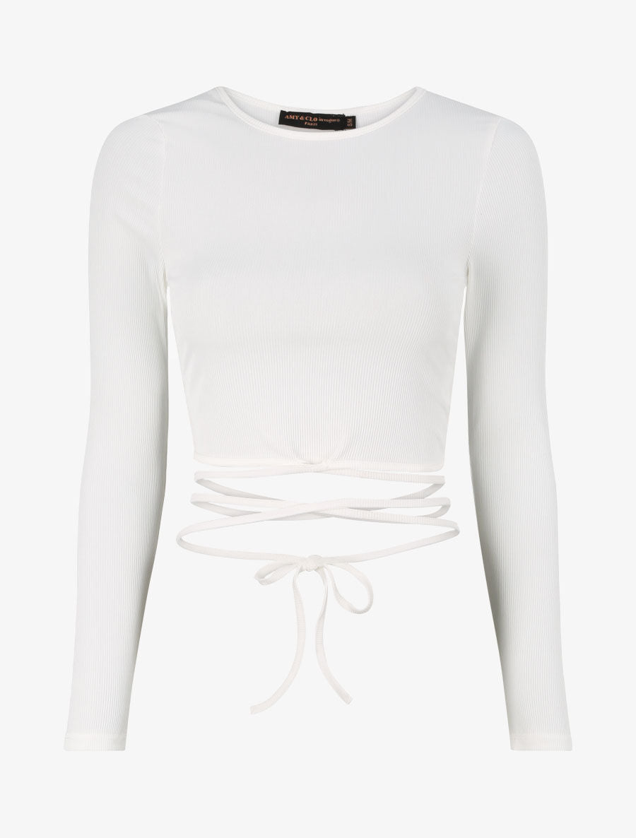 Crop top côtelé à manches longues et liens à nouer - Blanc - 4