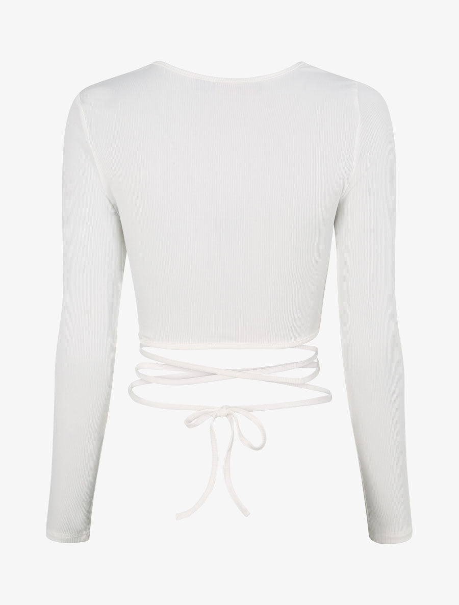 Crop top côtelé à manches longues et liens à nouer - Blanc - 2