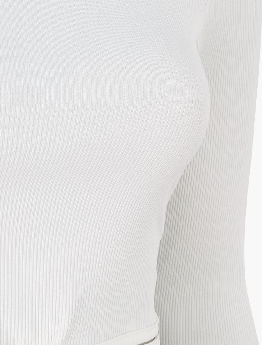 Crop top côtelé à manches longues et liens à nouer - Blanc - 3