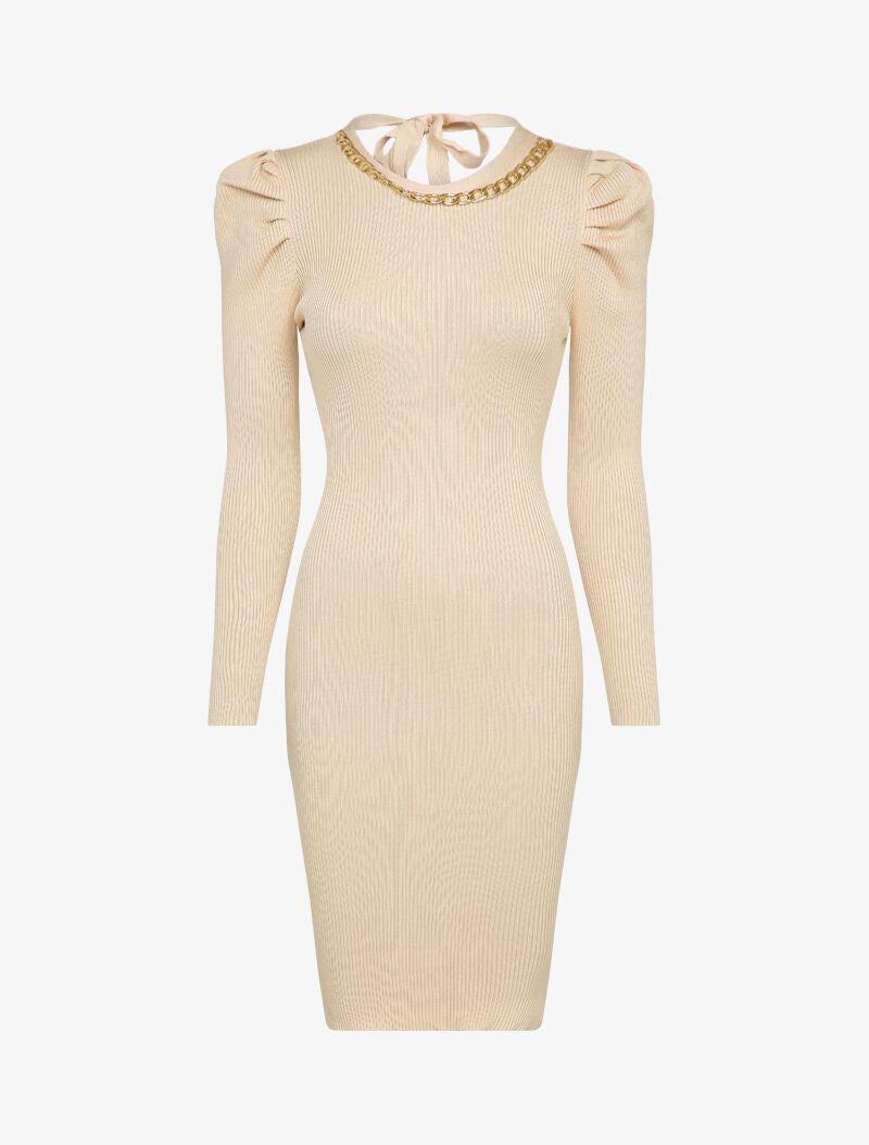 Robe pull côtelée et moulante à détail chaîne - Beige - 1
