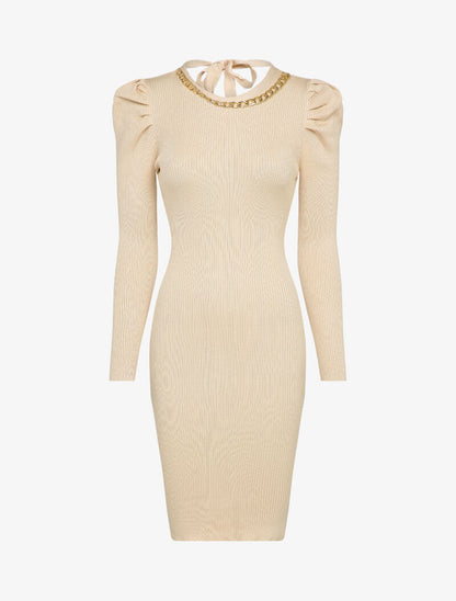 Robe pull côtelée et moulante à détail chaîne - Beige - 1