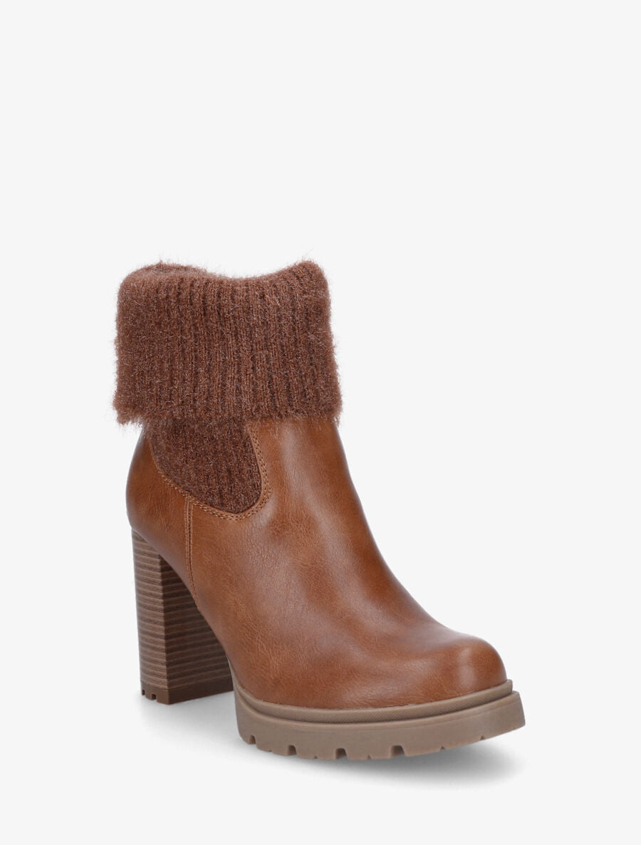 Bottines à talon bi-matière - Camel - 2