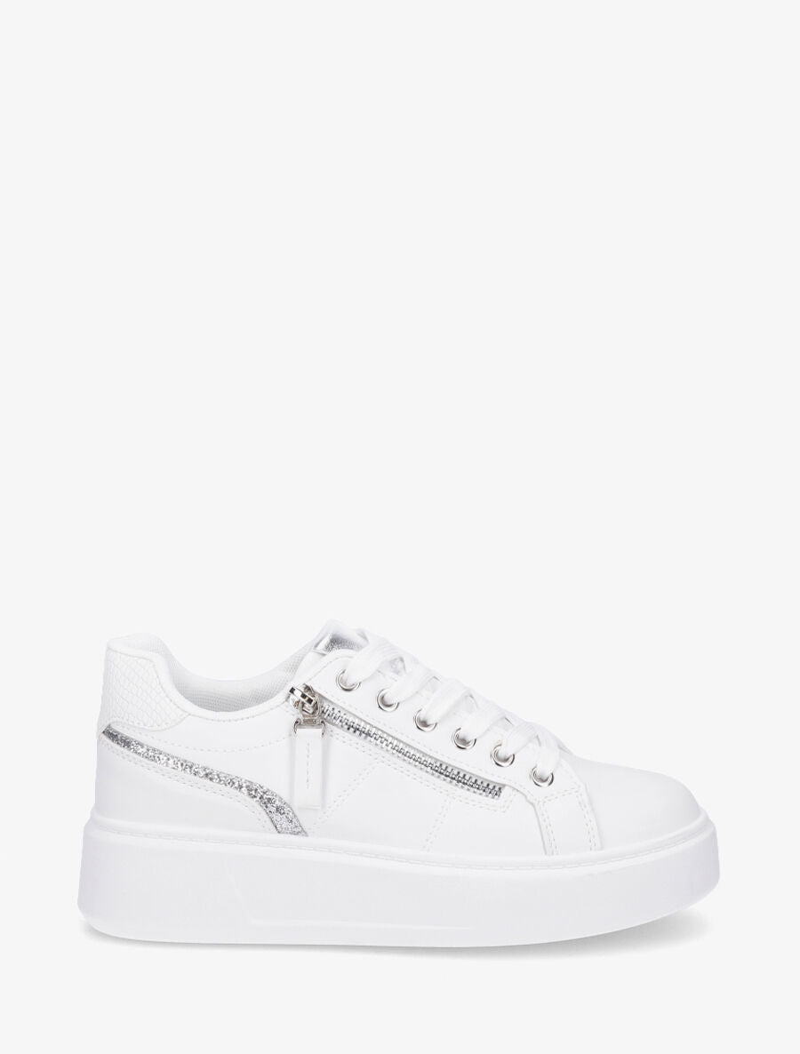 Sneakers en simili à zip décoratif - Blanc - 1
