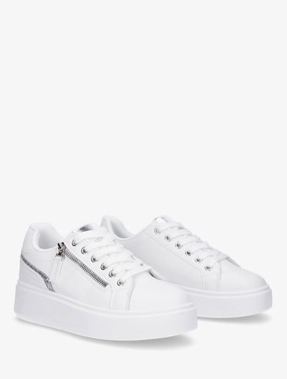 Sneakers en simili à zip décoratif - Blanc - 4