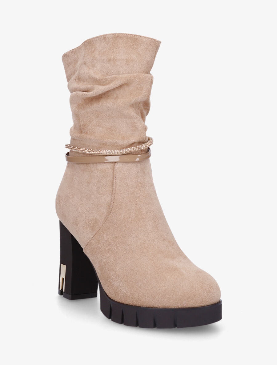Bottines froncées à talon et strass - Beige - 2