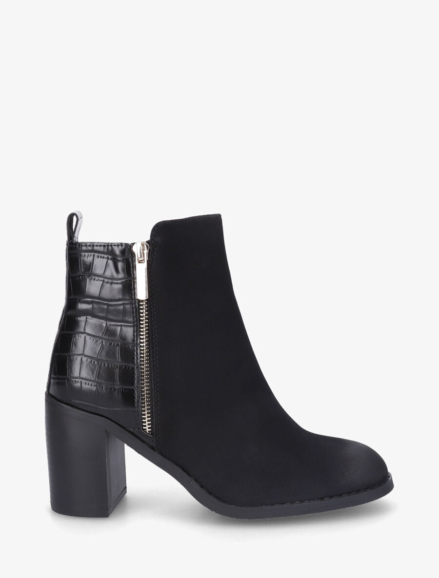 Bottines à talon et contrefort en croco - Noir - 5