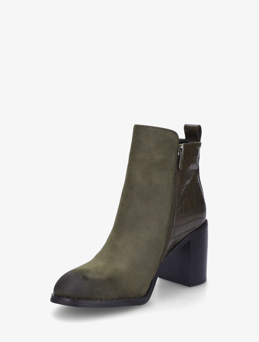 Bottines à talon et contrefort en croco - Kaki - 3