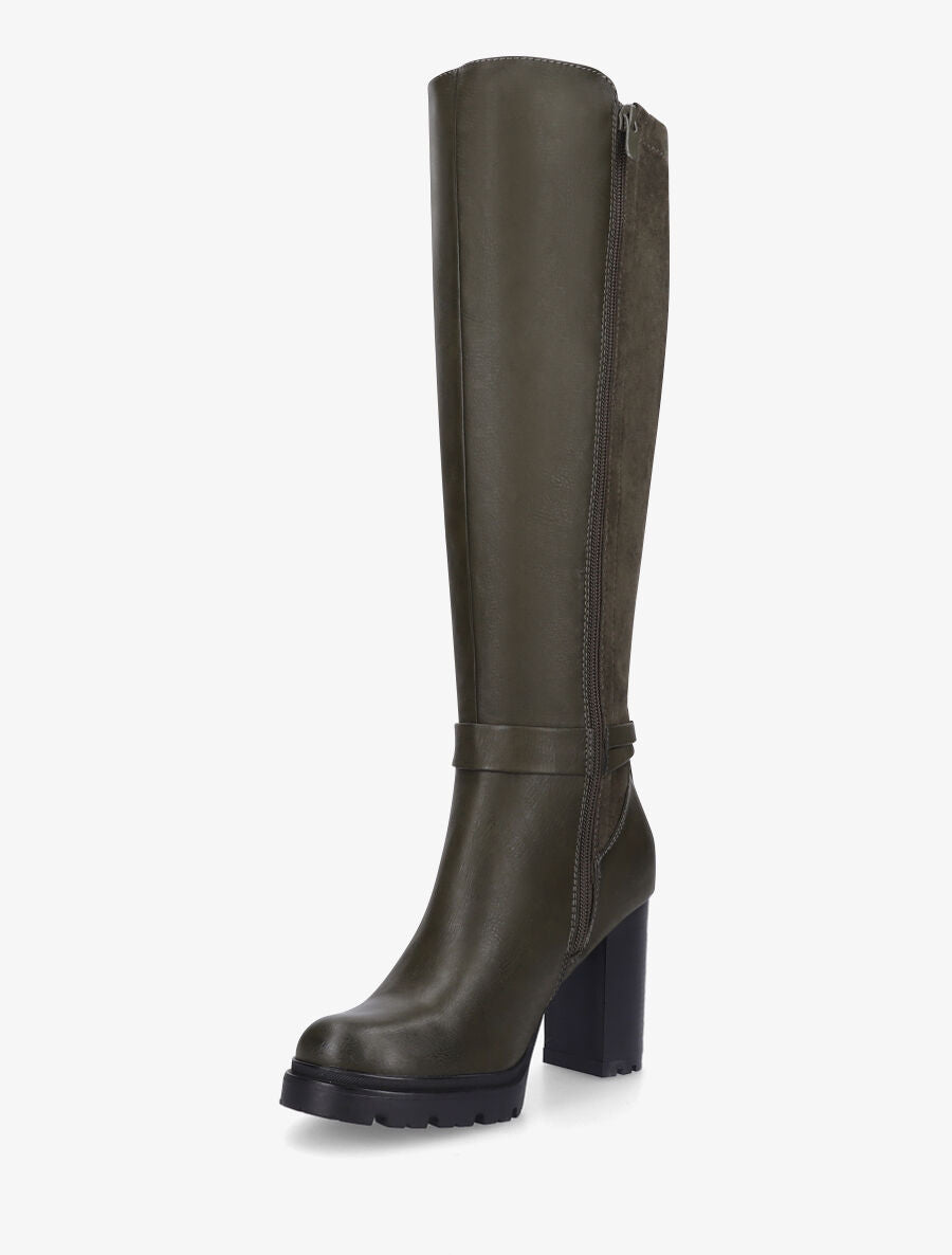 Bottes à talon haut et boucle bi-matière - Kaki - 3