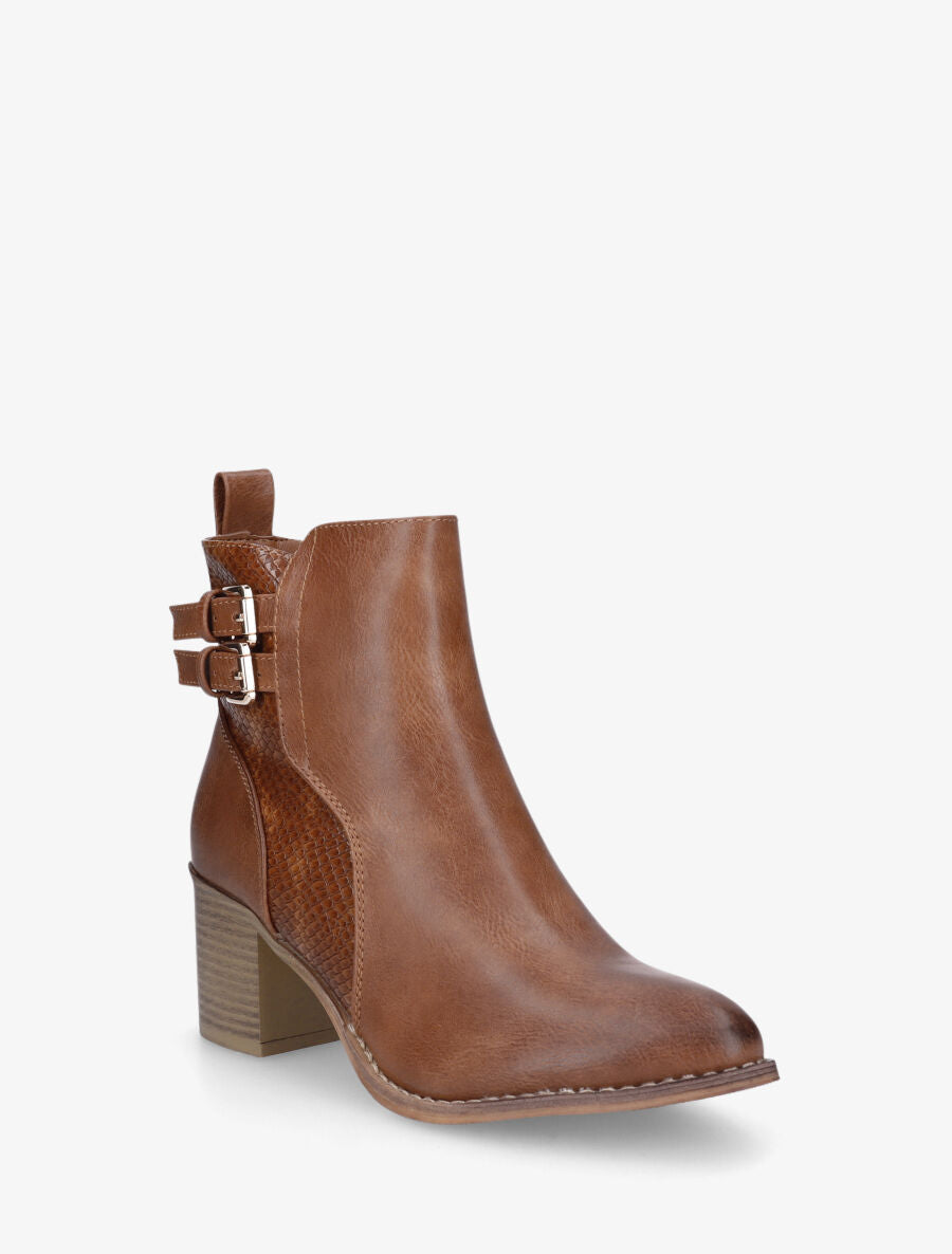 Bottines en simili à double boucles - Camel - 2