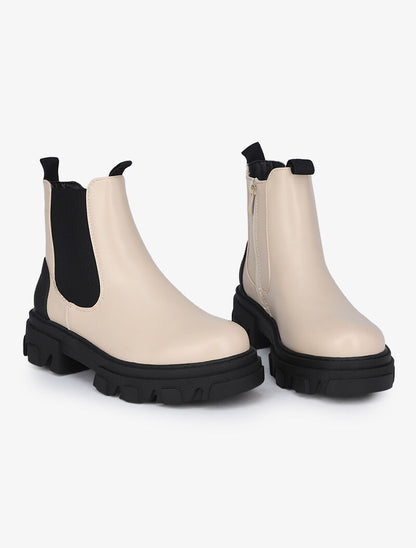 Bottines en simili et contrefort uni - Beige - 1
