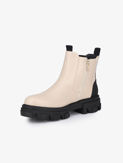 Bottines en simili et contrefort uni - Beige - 4