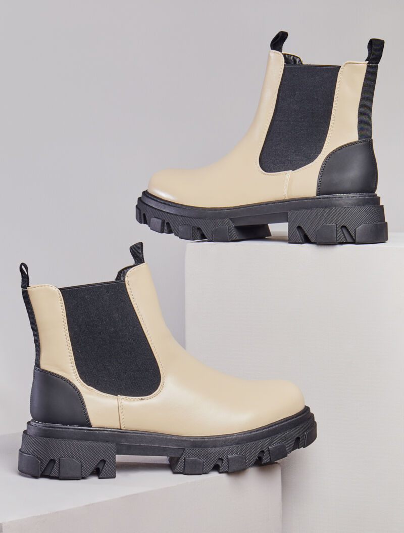 Bottines en simili et contrefort uni - Beige - 5