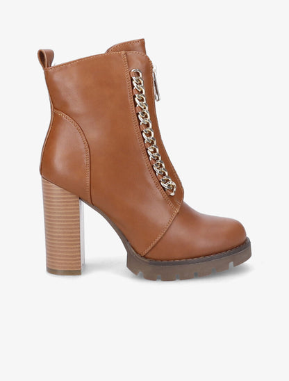 Bottines à talon haut et maillons décoratifs argentés - Camel - 1