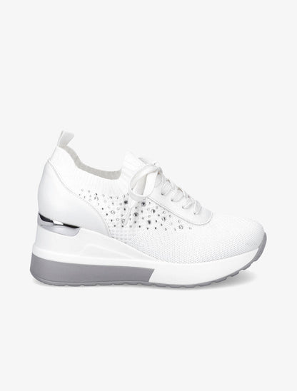Baskets compensées à lacets et détail strass - Blanc - 1