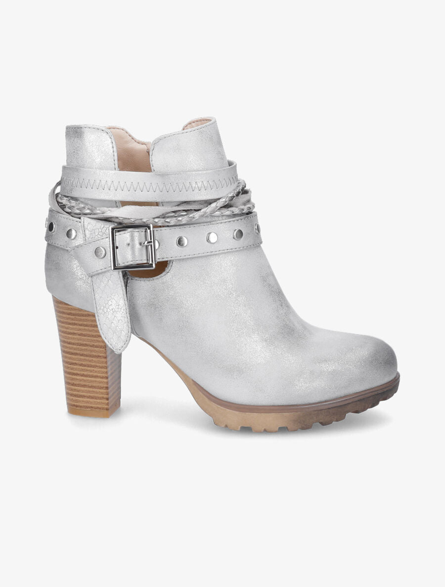 Bottines à talons et lanières cloutées - Gris clair/argent - 1