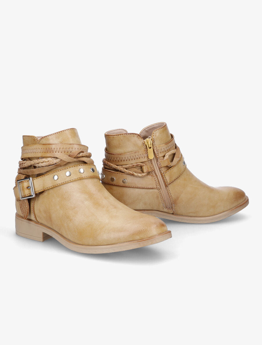 Bottines à lanières cloutées et liens - Moutarde - 4