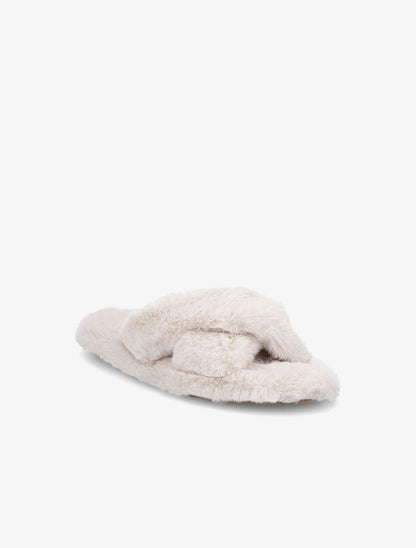 Claquettes à ganses croisées en fourrure synthétique - Beige - 2