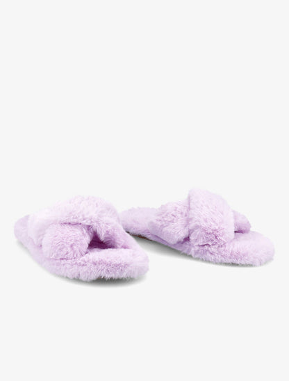 Claquettes à ganses croisées en fourrure synthétique - Lilas - 4