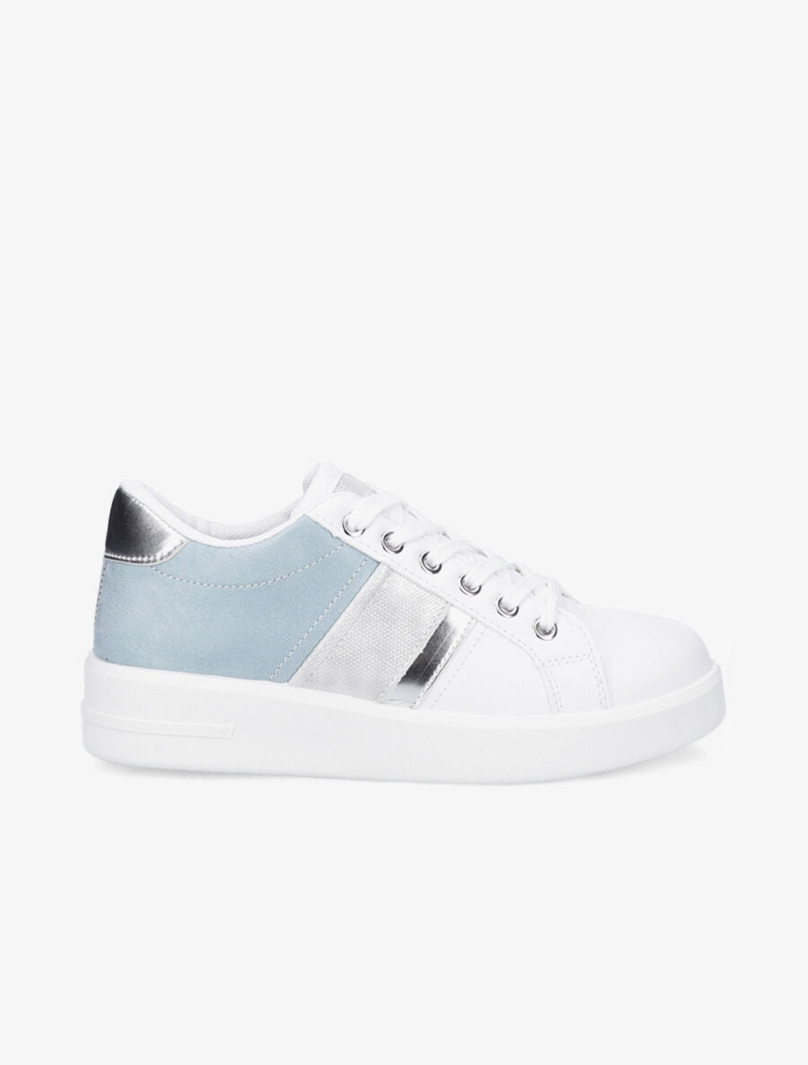 Sneakers bimatière et à bande irisée - Blanc/bleu layette - 1