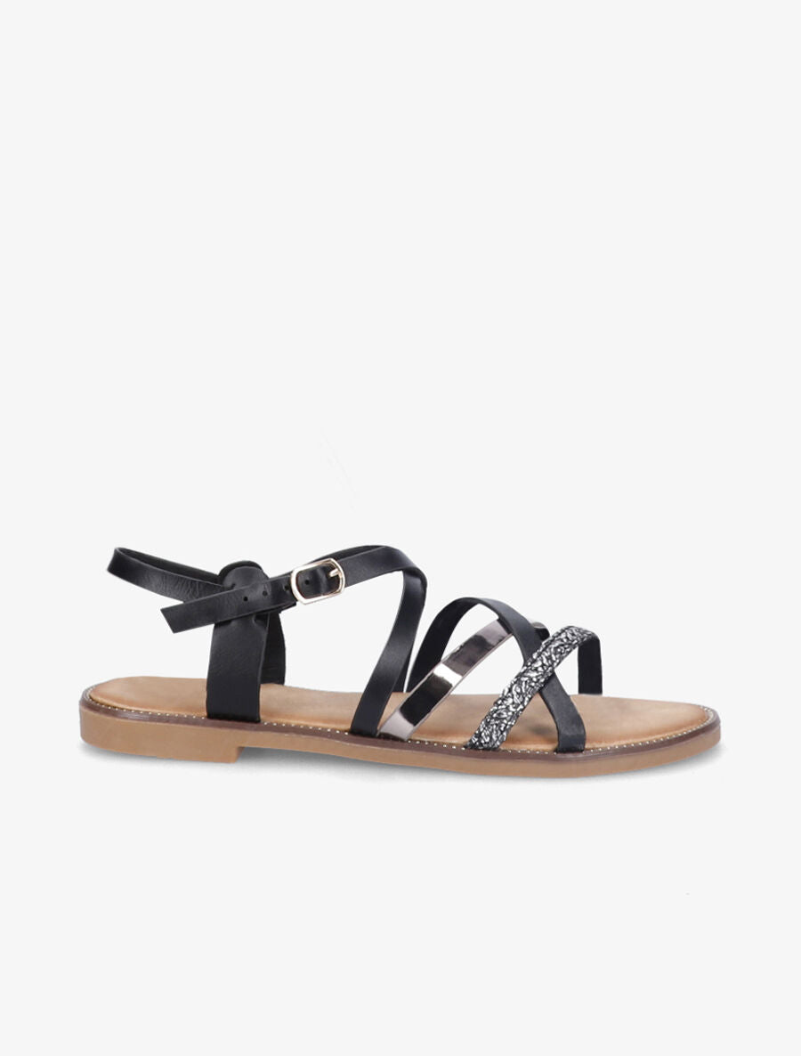 Nu-pieds plats à brides stylisées et verni - Noir - 2