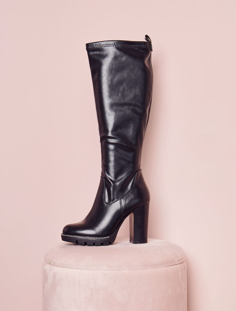 Bottes à talon et plateforme à strass - Noir - 5