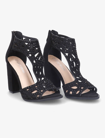 Sandales en suédine à talons ajourées et à strass - Noir - 5