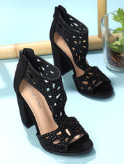Sandales en suédine à talons ajourées et à strass - Noir - 1