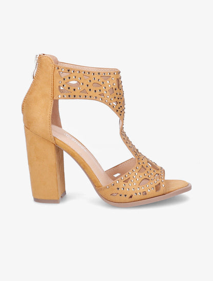 Sandales en suédine à talons ajourées et à strass - Camel - 6