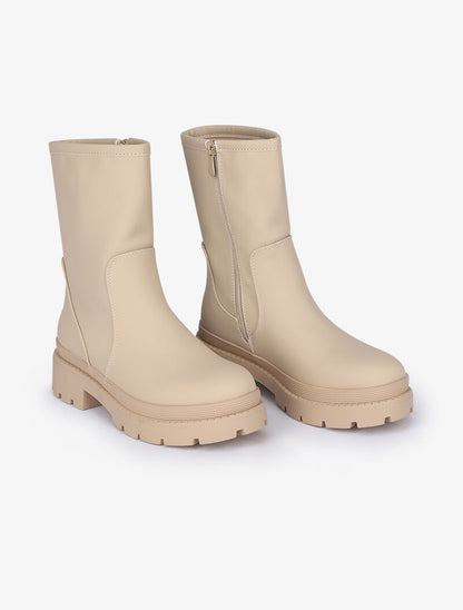 Boots montantes unies à semelles épaisses - Beige - 5