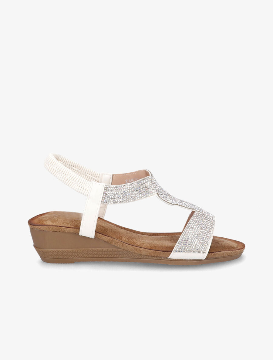 Sandales compensées à bride en T stylisée à strass - Blanc - 1