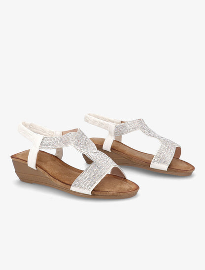 Sandales compensées à bride en T stylisée à strass - Blanc - 4