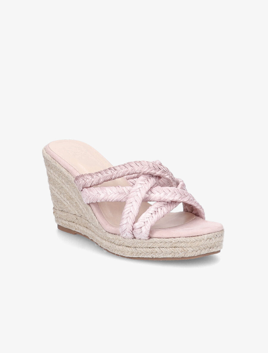 Mules à talons compensés en raphia - Rose - 2