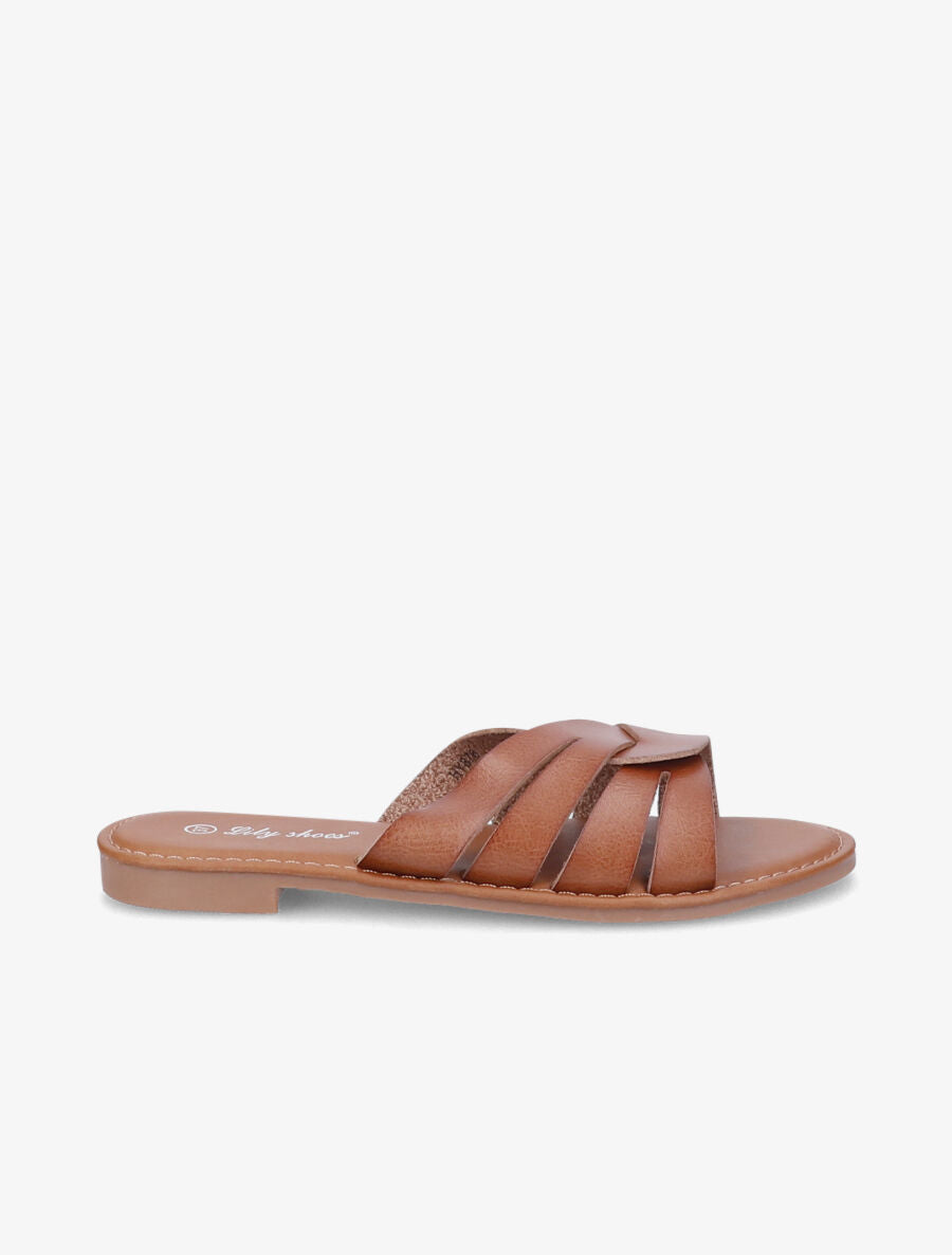 Mules plates à brides croisées stylisées - Camel - 5