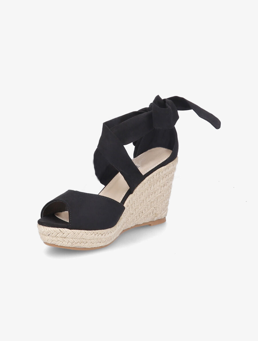 Espadrilles à talons compensés et liens en suédine - Noir - 3