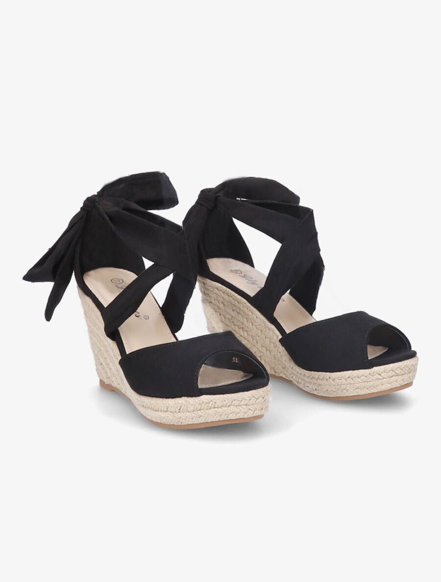 Espadrilles à talons compensés et liens en suédine - Noir - 4