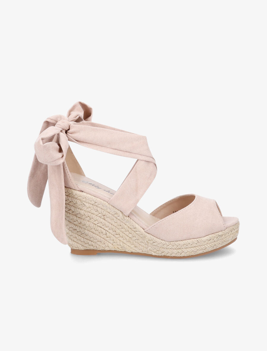 Espadrilles à talons compensés et liens en suédine - Beige - 5