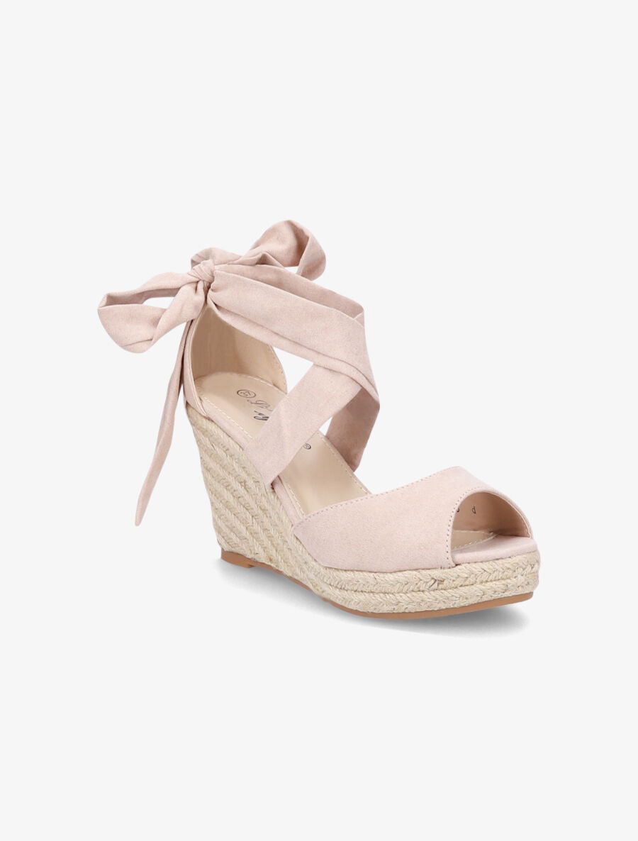 Espadrilles à talons compensés et liens en suédine - Beige - 2