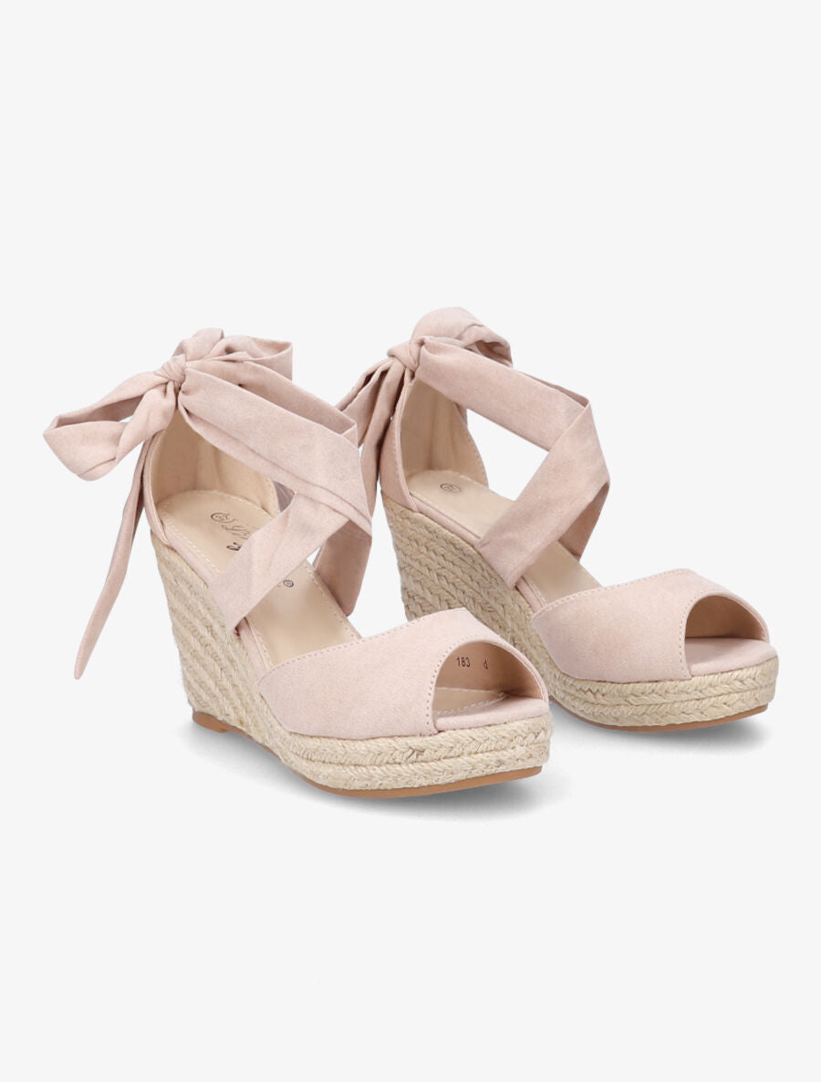 Espadrilles à talons compensés et liens en suédine - Beige - 4