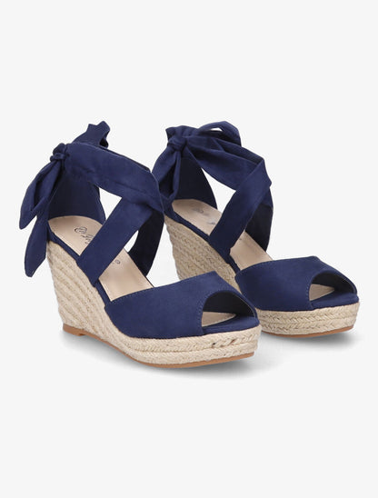 Espadrilles à talons compensés et liens en suédine - Marine - 4