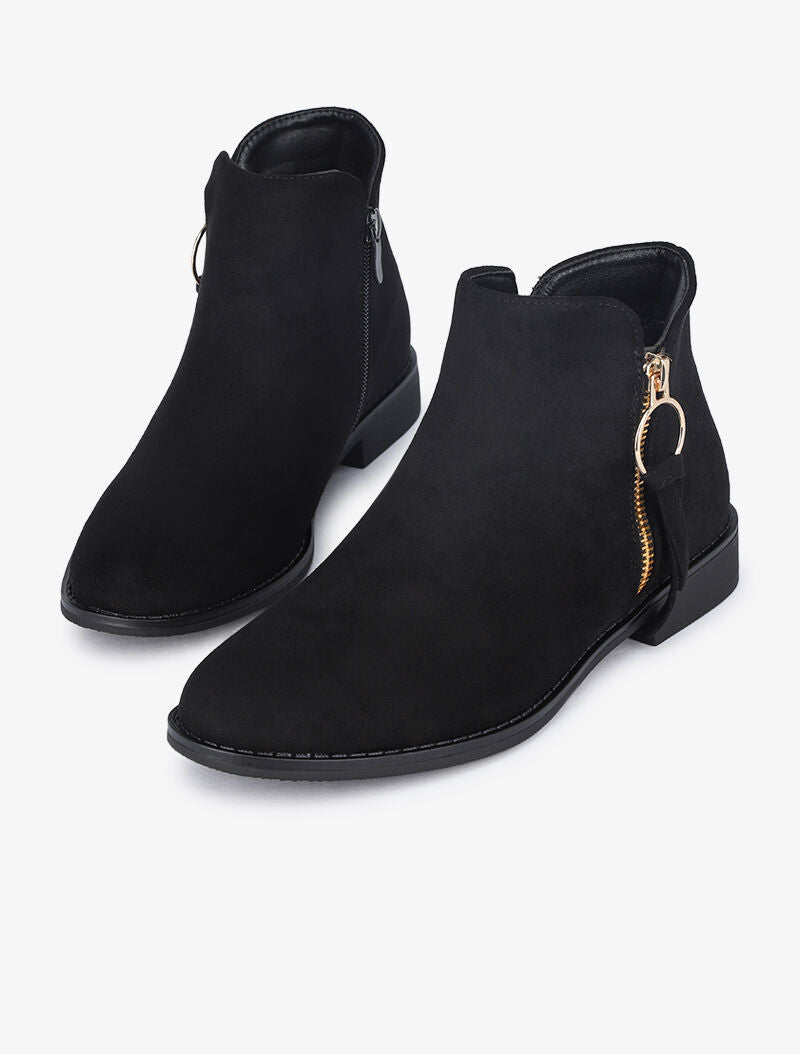 Bottines plates en suédine à zip décoratif - Noir - 4