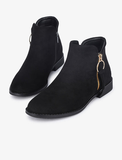 Bottines plates en suédine à zip décoratif - Noir - 4