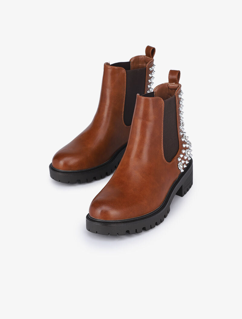 Boots montantes à contrefort à clous et strass - Camel - 1