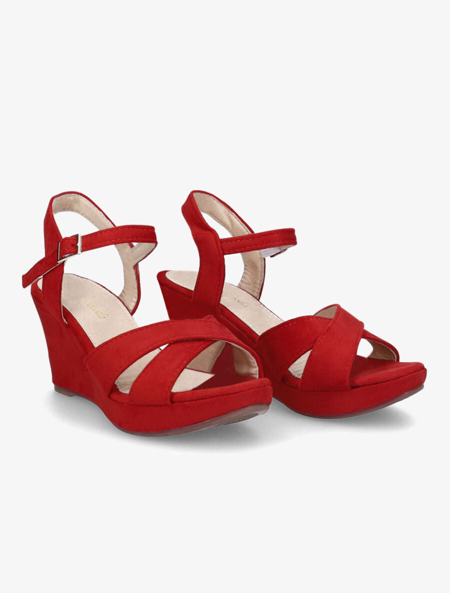 Sandales compensées et croisées en suédine - Rouge - 4