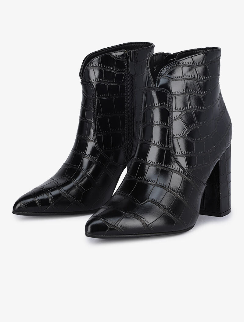 Bottines à talons effet croco - Noir - 4