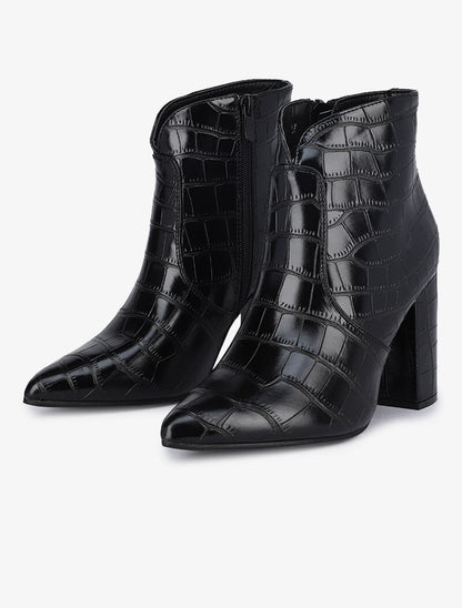 Bottines à talons effet croco - Noir - 4